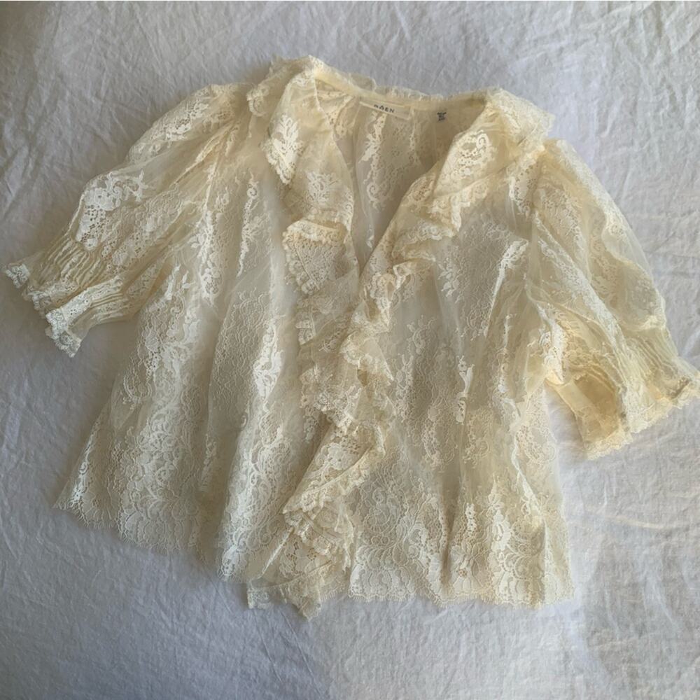 Doen Henri Lace Ruffle Sheer Puff Shoulder Blouse Top Sea Salt Cream Ivory - Picture 10 of 14